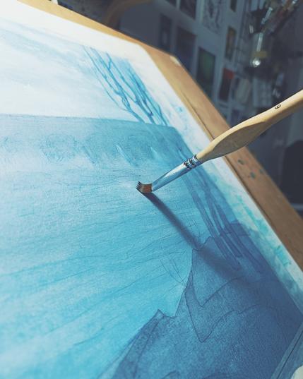 Acrylic ink illustration of a landscape with a stone bridge in the background