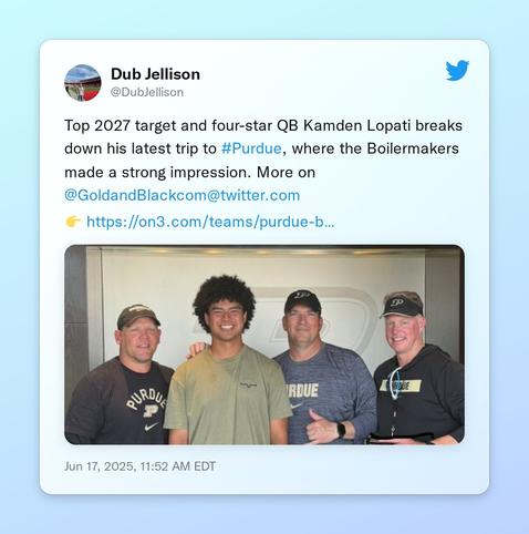 Top 2027 target and four-star QB Kamden Lopati breaks down his latest trip to #Purdue, where the Boilermakers made a strong impression. More on @GoldandBlackcom 

👉 https://t.co/E4LdlixR63 https://t.co/XJPM0NXoZI