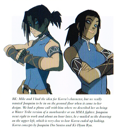 Cropped image from an artbook about concept art from the cartoon The Legend of Korra.

Two different digital drawings depicting the main character Korra, a brown skinned girl with light blue eyes (with some dark makeup around), posing and looking very bold and cool. First pose it's like a fighter pose, cracking her knuckles, with a  small smile. In the other pose she's with her arms crossed, smiling with confidence.

She has long, straight, dark hair, tied in a ponytail. In the concept of the left her hair feels more asymmetrical and wild; the one on the right she has a very short bang with two long tufts of hair on both sides.

Her outfit is a plain blue sleeveless shirt, with leather bracelets and wristguards that gave geometric triangular motifs, typical from Water Tribe culture and fashion. They have small differences in each drawing, as this was concept art and not a final design.

The text below reads: 

"BK [Brian, one of the creators of the cartoon]: Mike and I had the idea for Korra's character, but we really wanted Joaquim to be in on the ground floor when it came to her design. We had a phone call with him where we described her as being a Water Tribr version of a snowboarder or an MMA fighter. Joaquim went right to work and about an hour later, he e-mailed us the drawing on the upper left, which is very close to how Korra ended up looking. Korra concepts by Joaquim dos Santos and Ki-Hyun Ryu."