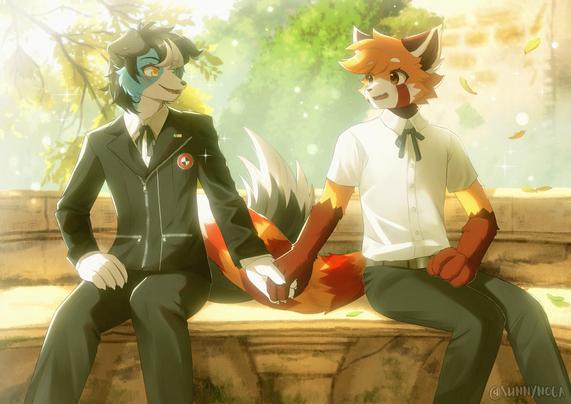 Border collie and red panda boys holding hands at the garden.