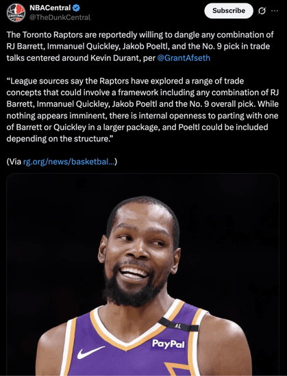[Grant Afseth] "....the Raptors have explored a range of trade concepts that could involve a framework including any combination of RJ Barrett, Immanuel Quickley, Jakob Poeltl and the No. 9 overall pick."