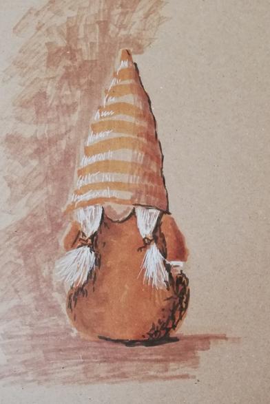 Sepia toned sketch of a small knitted gnome gifted to us by a houseguest.