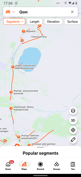 Screenshot showing Strava segments in the area of the Fordow underground uranium enrichment factory.