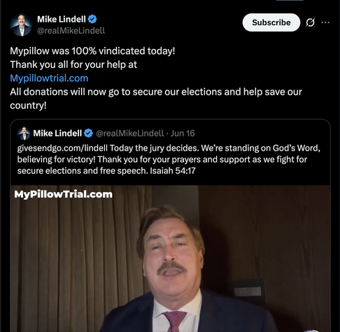 Mike Lindell @realMikeLindell
Mypillow was 100% vindicated today!
Thank you all for your help
All donations will now go to secure our elections and help save our country!