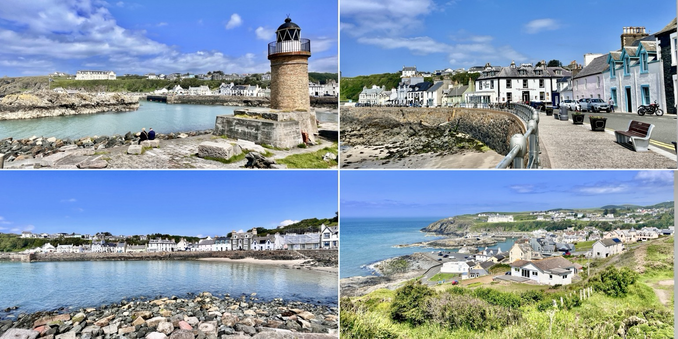 Four photo collage: sunny summer day, deep blue skies, some fluffy white cloud. All images show a village with white washed and pale blue and green detail houses. Curving around the blue water and towards the harbour. Top right shows the street, no water. Bottom right image takeen from a small hill on the outskirts of the village, so mainly white, mixed style, houses and buildings.