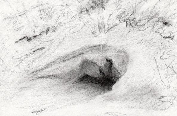 A graphite sketch of a burrow hole in the side of a sandy embankment.