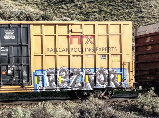 Train car with graffiti rolling through Kamloops BC Canada