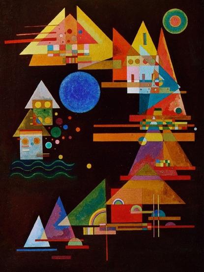 technically a collection of simple shapes painted in different colors, triangles, rectangles, circles, etc but they are arranged in an overlapping way that strongly indicates sailboats along a curved shoreline with two buildings near the water.  The only indication of water are three curvy green lines near the buildings