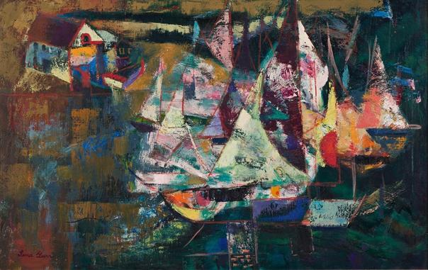 this is more obviously a building on a shoreline with sailboats in the water but it is also abstract in that the colors and shapes are blended, softening the edges and leaving everything loosely defined.  The boats are rendered in a way that it's unclear where one boat ends and another starts.  The colors on the shore and in the water are splotchy and nowhere is anything realistic