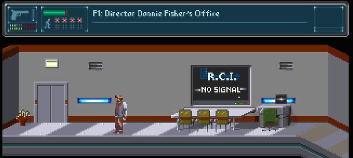 A screenshot of my game, it's a room with (from left ot right): a door, the main character standing, a metla table with 3 chairs, a big television with the RCI logo and a desk with a small monitor.