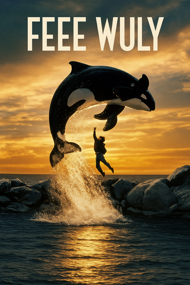 AI generated movie poster for "FEEE WULY", showing an orca with extra fins jumping over a kid
