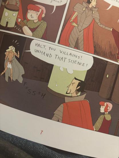 Panel from Page 7 of Nimona - Sir Ambrosius Goldenloin apprehends Lord Ballister Blackheart and Nimona in a laboratory, up to some no good I expect, and dramatically declaims, "HALT, YOU VILLAINS! UNHAND THAT SCIENCE!"
