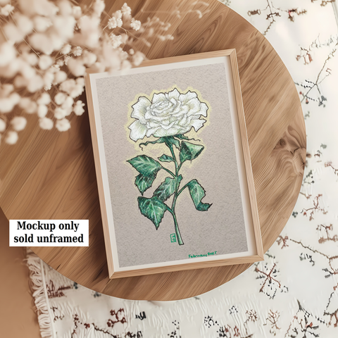 A small drawing of a single white rose on grey paper. White rose meaning is associated with purity, spirituality, and innocence.
An original art work
Colour pencil and mixed media on acid free toned artist paper
5 by 7 inches (12.7 by 17.8 cm).
Sold unframed