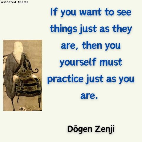 a meme with an old eastern style image of a seated man in pre-industrial eastern style clothing. text: If you want to see things just as they are, then you yourself must practice just as you are. -Dōgen Zenji