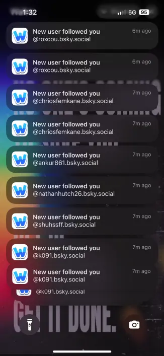 Notifications on an iphone screen of several “users” following me on WAFRN in rapid succession.