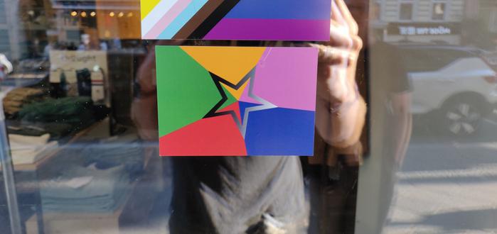 Foto einer Glasladentür auf der zwei Sticker kleben. Der oberste Sticker ist nur halb zu sehen und zeigt die progressiv Flag, der zweite Sticker halt mehrere Farben, nach dem Uhrzeigersinn ab 12 Uhr: orange, lila, blau, rot und grün. Alle Farben teilen sich den Raum zu gleichen Teilen. In der Mitte ist ein Fünfstern der einen Farbverlauf von schwarz zu grau hat.