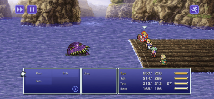 In this scene from FINAL FANTASY VI, a group of adventurers stand on the banks of a river. Two characters are prominently visible; one is clad in red armor and wielding a spear, while the other is dressed in white robes with a staff in hand. The environment suggests a rocky coastline with a misty atmosphere. Theres a small gauge at the top right corner indicating the health of an ally, and a text box at the bottom left displaying character stats and a quest objective.
