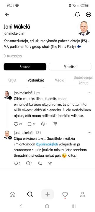janimakelafi Threadsissa: Olisin varauksellinen tuomitsemaan ennaltaehkäiseviä iskuja Iraniin, tietämättä mitä niillä oikeasti ehkäistiin ennalta. Ei ole mahdollinen ajatus, että maan sallittaisiin hankkia ydinase.

janimakelafin kommentoi: Olipa erikoinen teksti. Suosittelen kaikkia ilmiantamaan @janimakelafi valeprofiilin ja seuraaman suurin joukoin minua, jotta saadaan threadsista siivottua roskat pois 😉 Kiitos!