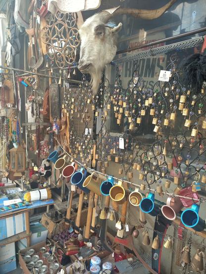 A massive junkshop display which includes a goats head, machetes,incense burners ,coffeemakers and various small metal objects.