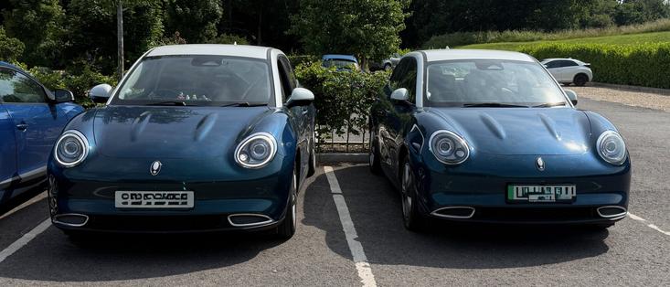Two aurora green ‘GWM Ora funky cat cars - very unusual in our neck of the woods - parked side by side in a garden centre.