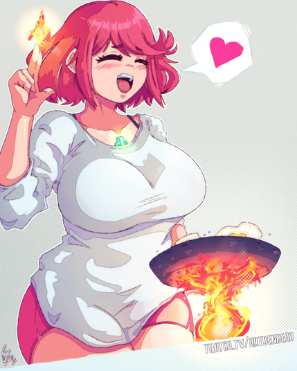 Digital Art. Pyra from Xenoblade Chronicles 2 using her right hand to cast fire magic and cook eggs in the cast iron skillet being held by her left hand. She's wearing a pain white long sleeve shirt and a pair of pink short shorts. The straps of a black bra can be seen on her upper body.