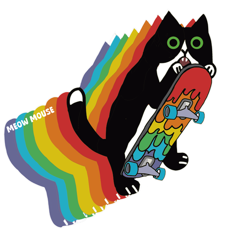 A tuxedo cat holding onto a rainbow-coloured skateboard as he flies through the air.
