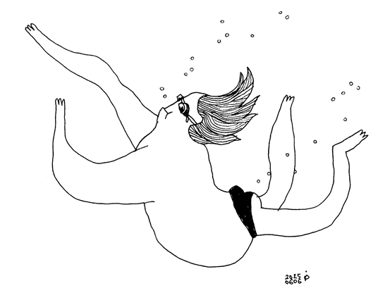 drawing of a person, apparently swimming under water. they're wearing swim goggles and speedos, their hair is floating in that typical underwater-way, some bubbles come from near their mouth and their butt.