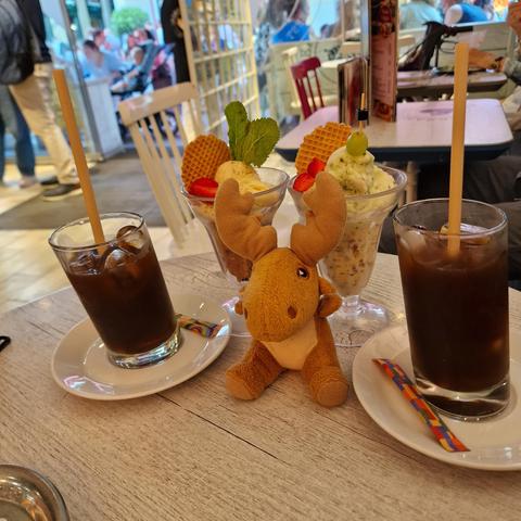 Afternoon snack at Cream lovers, cold brew on ice, and ice-cream. Left is Mozart praline and forgotten flavour, right is Tahiti lemon and banana chocolate
