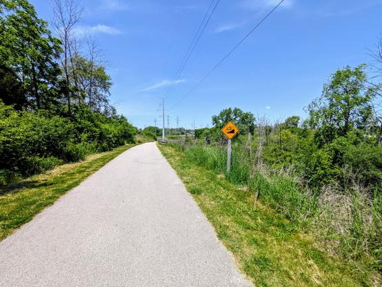 A paved bicycle trail from the point of view of somebody riding a bicycle down it