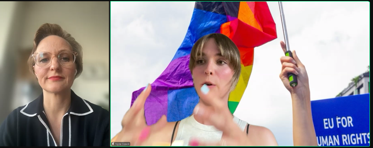 Zoom Screen mit Franziska Brantner und Nyke Slawik, letztere bewegt die Hände beim Erklären