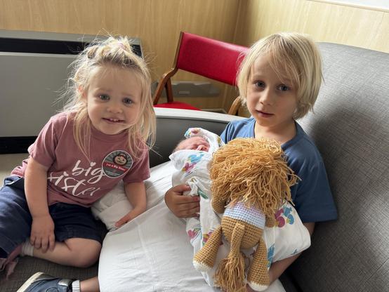 A young girl with a "Big Sister" badge smiles next to a boy holding a newborn wrapped in a blanket, accompanied by a crocheted toy lion. They are sitting on a couch in a hospital setting.
