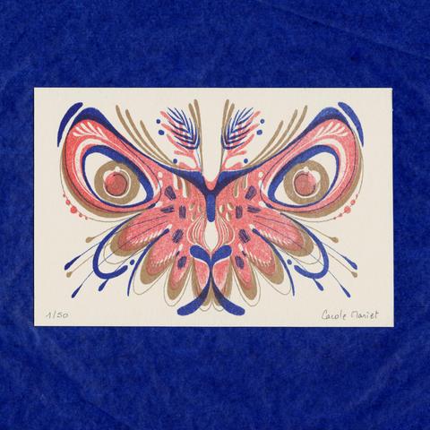 Illustration en risographie 
papillon et tête de chat