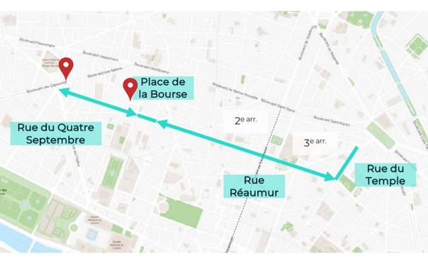 Géolocalisation sur un plan de la nouvelle piste citée dans le toot. Quelques éléments repères sont indiqués comme la place de la Bourse et la rue du quatre septembre