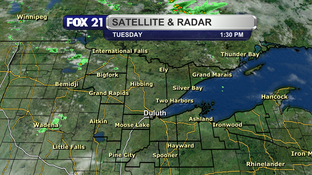 The satellite and radar over the Northland at 1:30 p.m. on Tuesday, June 17, 2025, shows clear skies for most of the region.  There are a few possible light pop-up showers pushing in the Koochiching and Itasca County.  That threat will continue through the afternoon and evening hours.