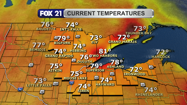 Temperatures in the Northland just after 1 p.m. on June 17, 2025, range from 72 to 81 degrees Fahrenheit.