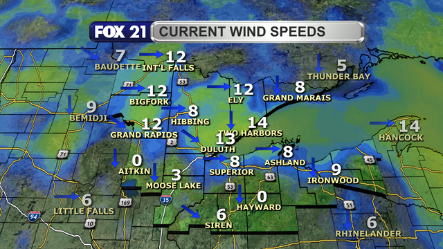 Wind speeds in the Northland just after 1 p.m. on June 17, 2025, range from calm to 14 mph.  Wind direction is primarily from the west, northwest, and north.