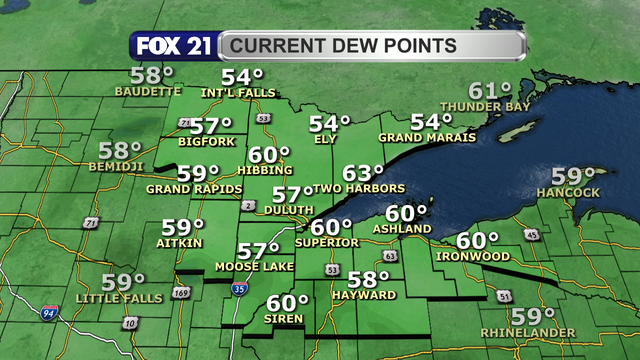 Dew point readings across the Northland just after 1 p.m. on June 17, 2025, range from 54 to 60 degrees Fahrenheit.