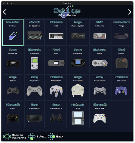 🕶️ A view of its UI (on a dark theme, version 0.4.3, under Linux) with the list of supported emulators (in the form of pretty thumbnails of the emulator controllers, one of which is dedicated to UI settings).

📚️ Emulsion is a libre, multi-platform interface unifying the management of a collection of console games from different emulators. It features support for multi-location storage, choice of game cover from multiple sources, reliable controller management and decentralization of emulator configuration files.