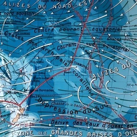 vue rapprochée d'une carte murale scolaire de l'océan pacifique avec tous les courants marins possibles dessus