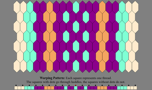 An Inkle weaving diagram and warping pattern in the color sequence listed in the text description: The warping pattern is a line of colored boxes with small dots above every other one, above which it states: "Warping Pattern: Each square represents one thread. The squares with dots go through heddles, the squares without dots do not." The weaving diagram is a series of tessellated lozenge shaped tiles illustrating how the pattern will appear when woven.