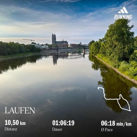 Am Horizont eine Kirche (Magdeburger Dom), im Vordergrund, ein nahezu spiegelglatter Fluss (die Elbe) darüber Schleierwolken und ein wenig blauer Himmel, der Fluss ist links und rechts gesäumt von grünen Bäumen, Büschen und Wiesen, die Stadtsilhouette von Magdeburg über die Elbe Richtung Dom geblickt am Abend