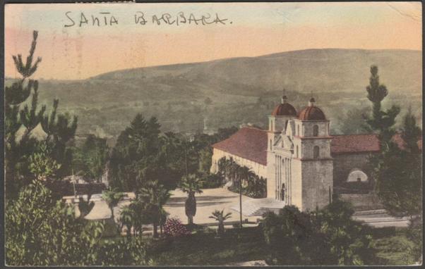 Printed colour postcard showing a view of Santa Barbara Mission at Santa Barbara in California, USA.

Published by Osborne's, Santa Barbara, printed by The Albertype Co, NY, not numbered.

Postally used on 21 July 1930 with Santa Barbara cancellation on green 1 cent and red 2 cents stamps and sent to A Oster, Meistratzheim, Bas Rhin, France.

Good condition, with very slight corner bumps, but Santa Barbara written to the front.