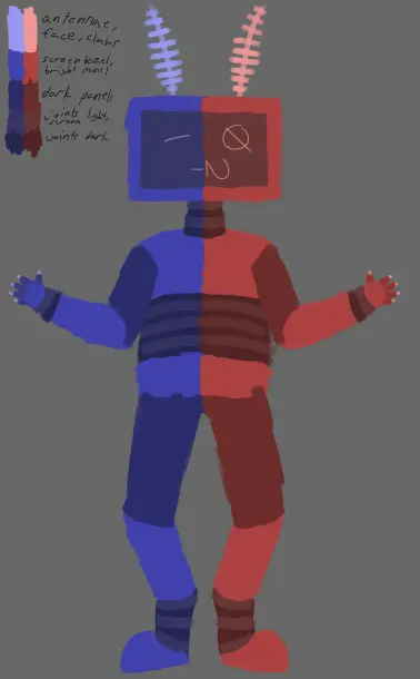 mostly symmetrical sketchy digital painting of a digitigrade TV head that's half red and half blue, split vertically, with their left half being red and the right half being blue. their wrists, ankles, neck, and torso are darkly colored with slightly brighter stripes, and their upper arms and legs, as well as their fingers, have darker panels. the rest of their body is a fairly bright blue or red. they have small paw-like hands with pale-colored claws, and moth-like feathery antennae. the red half of their face displays a silly cat-like face, with a rotated 2 for a mouth and a crossed 0 for an eye, while the blue half displays a sleepy face with lines for the mouth and eye. there's also a labeled color reference in the corner.
