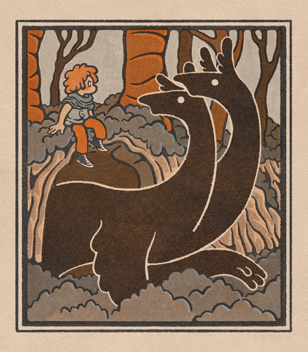 Digital illustration in the style of old print. A large two-headed beast with dark fur emerges from a cave. It lifts its heads to make eye contact with a redheaded child sitting above the cave’s entrance.