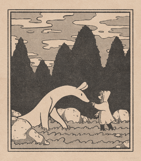 Digital illustration in the style of a vintage storybook. At the edge of a forest, a girl wearing a hooded cardigan meets a long slender creature. The girl reaches out her hand as if to touch the creature's snout.