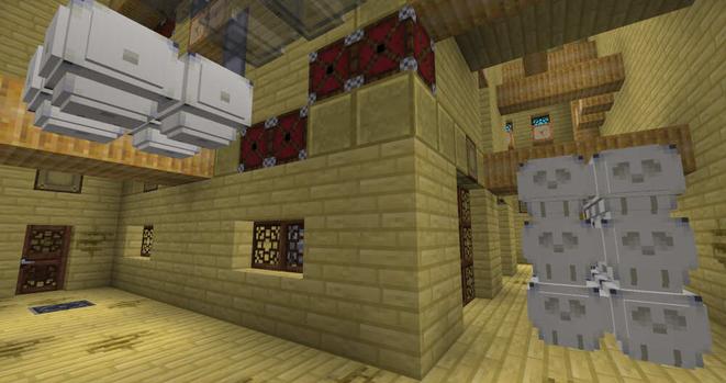 Interior of an old house made out of palm wood. Several floating skulls are in the room. A door is at the right, inactive laser emiters are at a fall. Some ghostly skulls are above the player’s head.