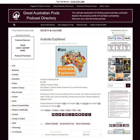 Screenshot of the podcast listing on the Great Australian Pods website