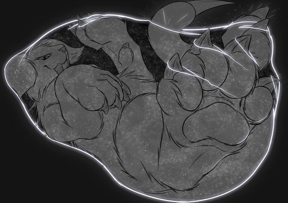 "Fang the Smilodon is filling the entire universe. He is laying on his back with his backspikes and claws piercing the edge of the universe."