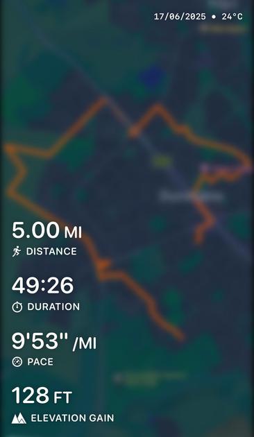 17/06/2025 • 24°C
5.00 MI
I DISTANCE
49:26
O DURATION
9'53"/MI
PACE
128 FT
A4 ELEVATION GAIN