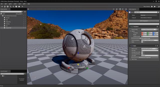 🕶️ A view of its UI (on a dark theme) with in the center and on most of the UI the image of the game (in this case a flat surface with a model resembling a webcam, and in the background a mountainous area), and on the sides the dialog boxes, and on top of the screen the menus.

📚️ Open 3D Engine is a libre, multi-platform 3D game engine developed by the Open 3D Foundation from the Amazon Lumberyard engine (itself derived from the CryEngine). It allows the design of AAA quality games and cinema-quality 3D worlds. Its features include an extensible, multi-tasking photorealistic renderer, a 3D content editor, a character animation system, a physics engine, and a high-performance network layer. Its modular architecture based on components (the "Gems"), allows for great extensibility and support of user's cloud services.